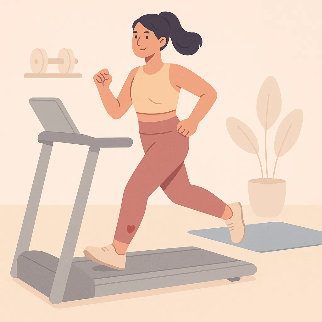 A confident woman running on a treadmill during her period, in a flat-style pastel gym illustration, showcasing comfort and leakproof support with period underwear.
